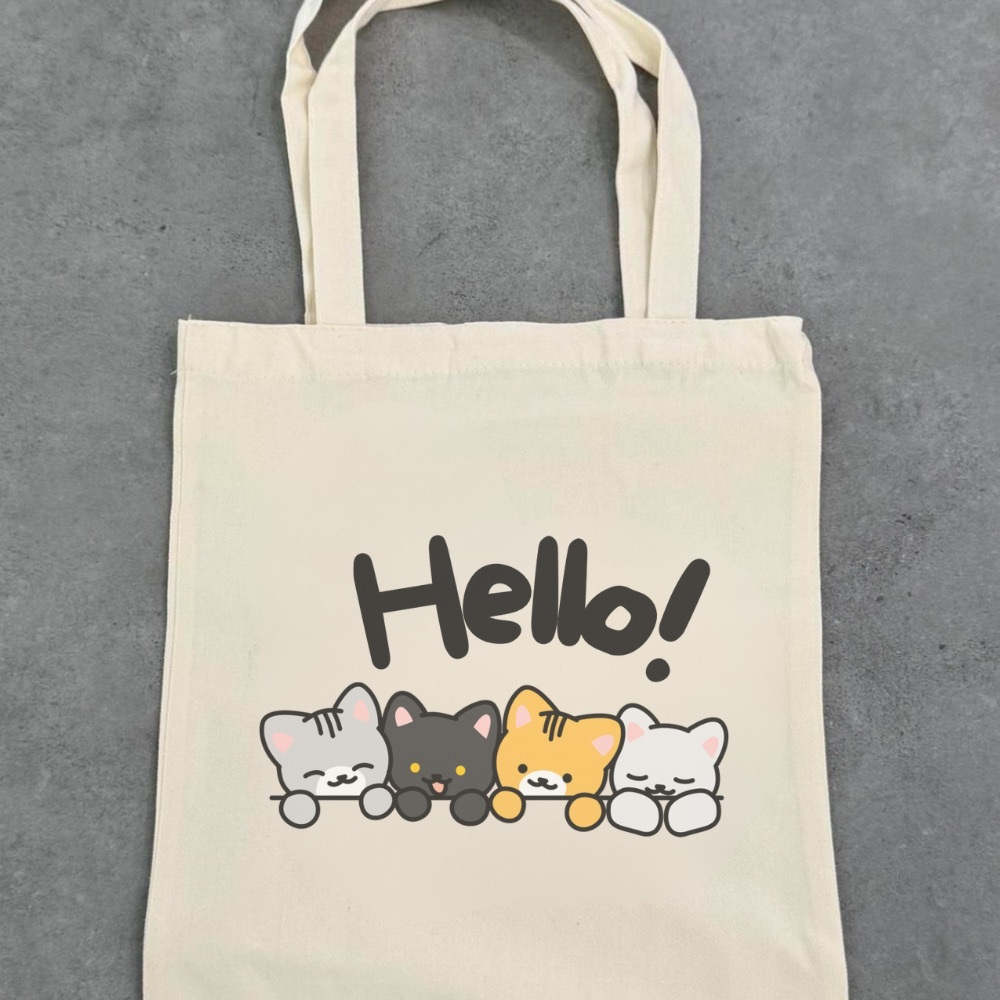 Cute Cat Tote Bag with Hello Print